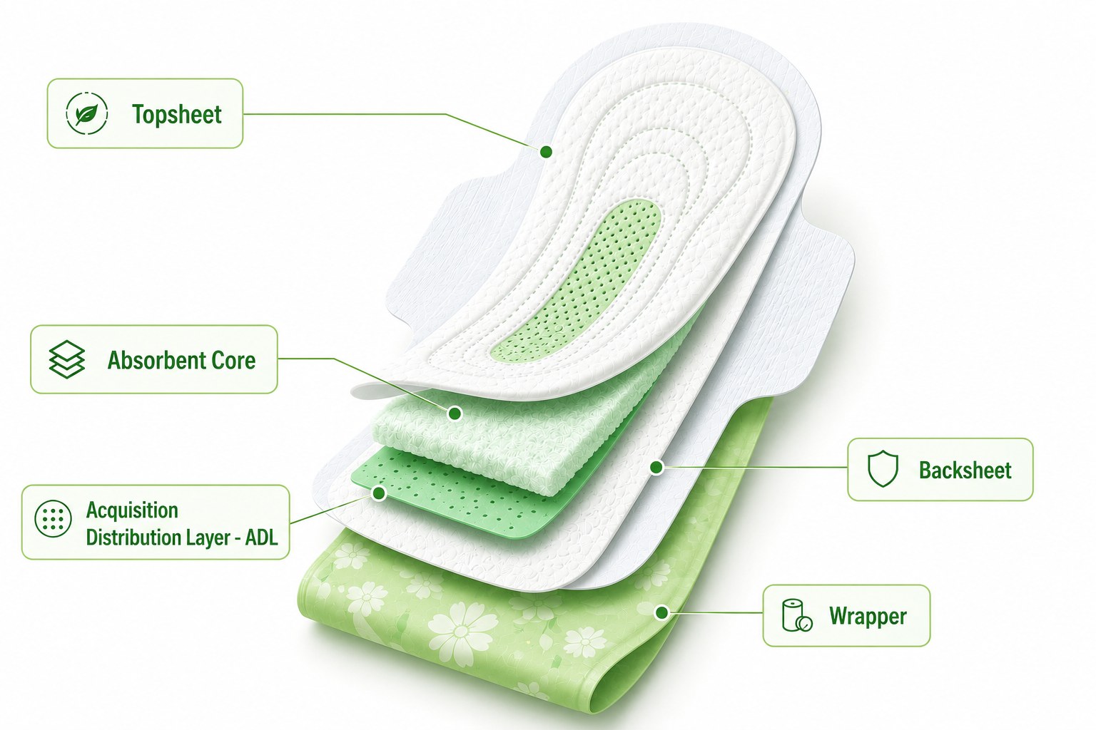 Exploded-layer view of a sanitary pad with callouts to five components: topsheet, absorbent core, acquisition distribution layer (ADL), backsheet, and wrapper.