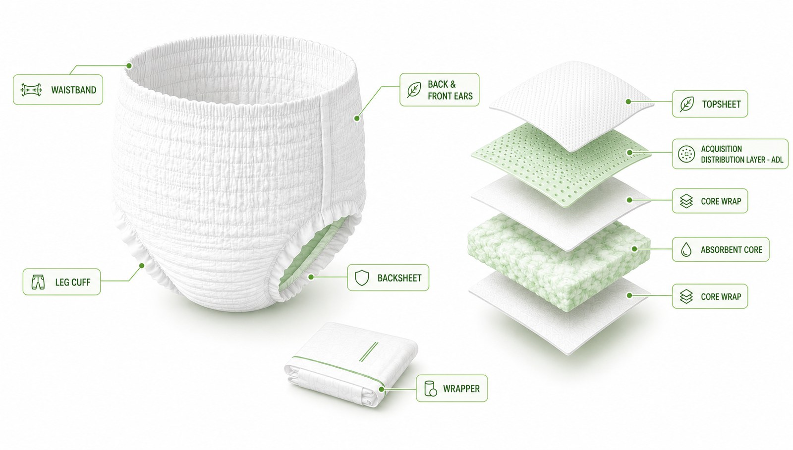 Adult pull-up pant beside an exploded layer stack, with callouts to waistband, back and front ears, leg cuff, backsheet, wrapper, topsheet, acquisition distribution layer (ADL), core wrap, and absorbent core.