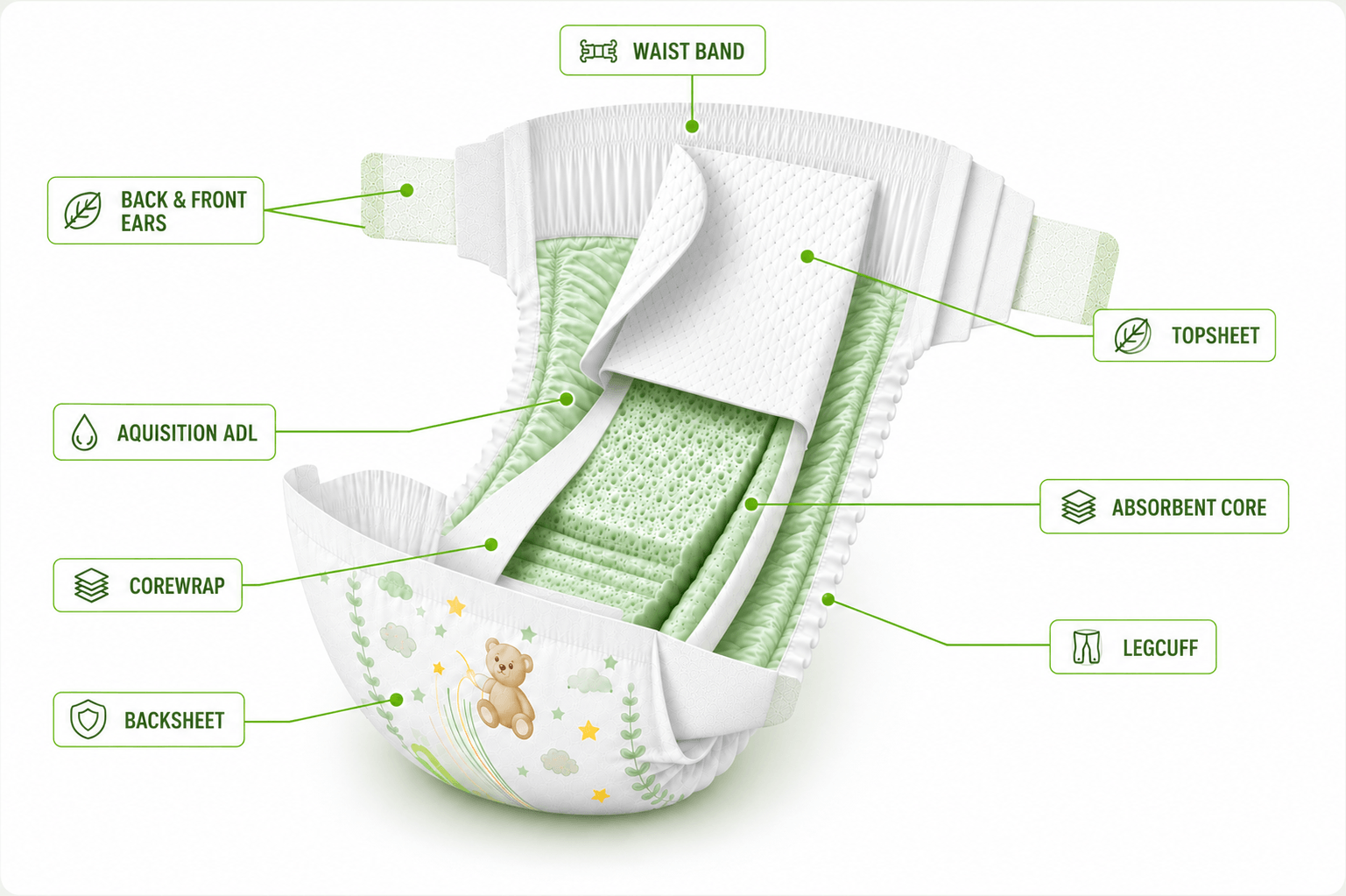 Cutaway baby diaper with callouts to eight components: waistband, topsheet, back and front ears, acquisition layer (ADL), absorbent core, core wrap, leg cuff, and backsheet.