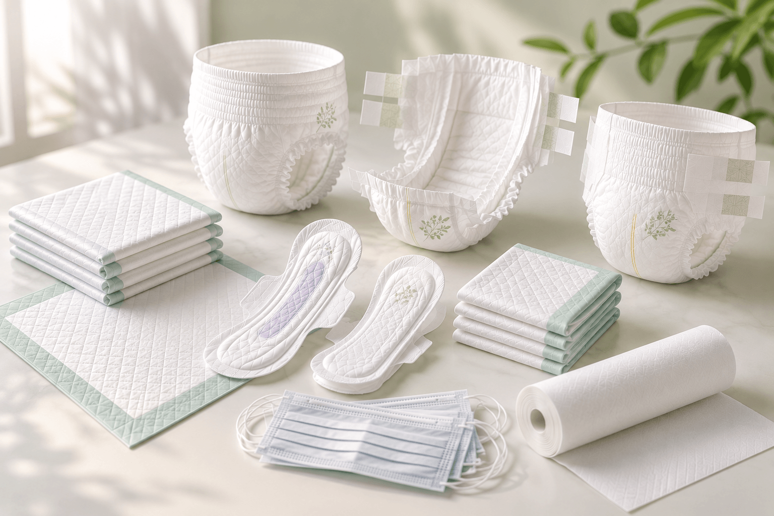 KTEX blue nonwoven hygiene products — rolls, folded wipes and sheets